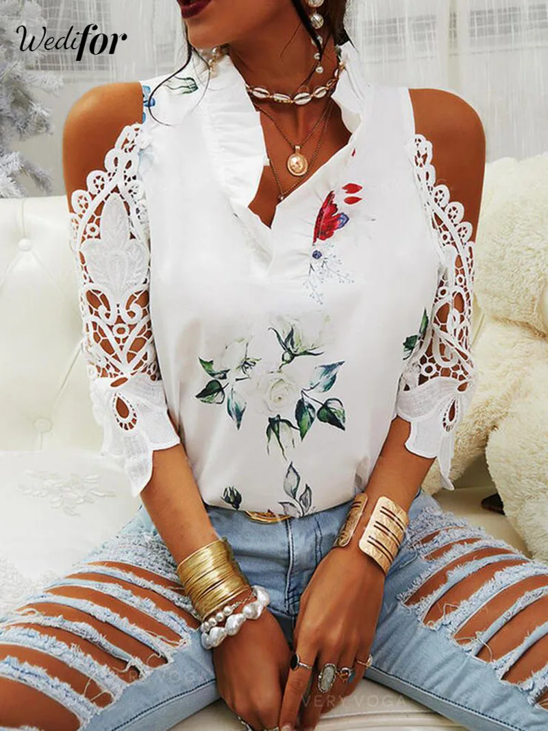 

Wedifor New Fashion Printed Women Blouse And Tops Half Sleeve Lace Patchwork Elegant Shirts Summer Off Shoulder Casual Clothes