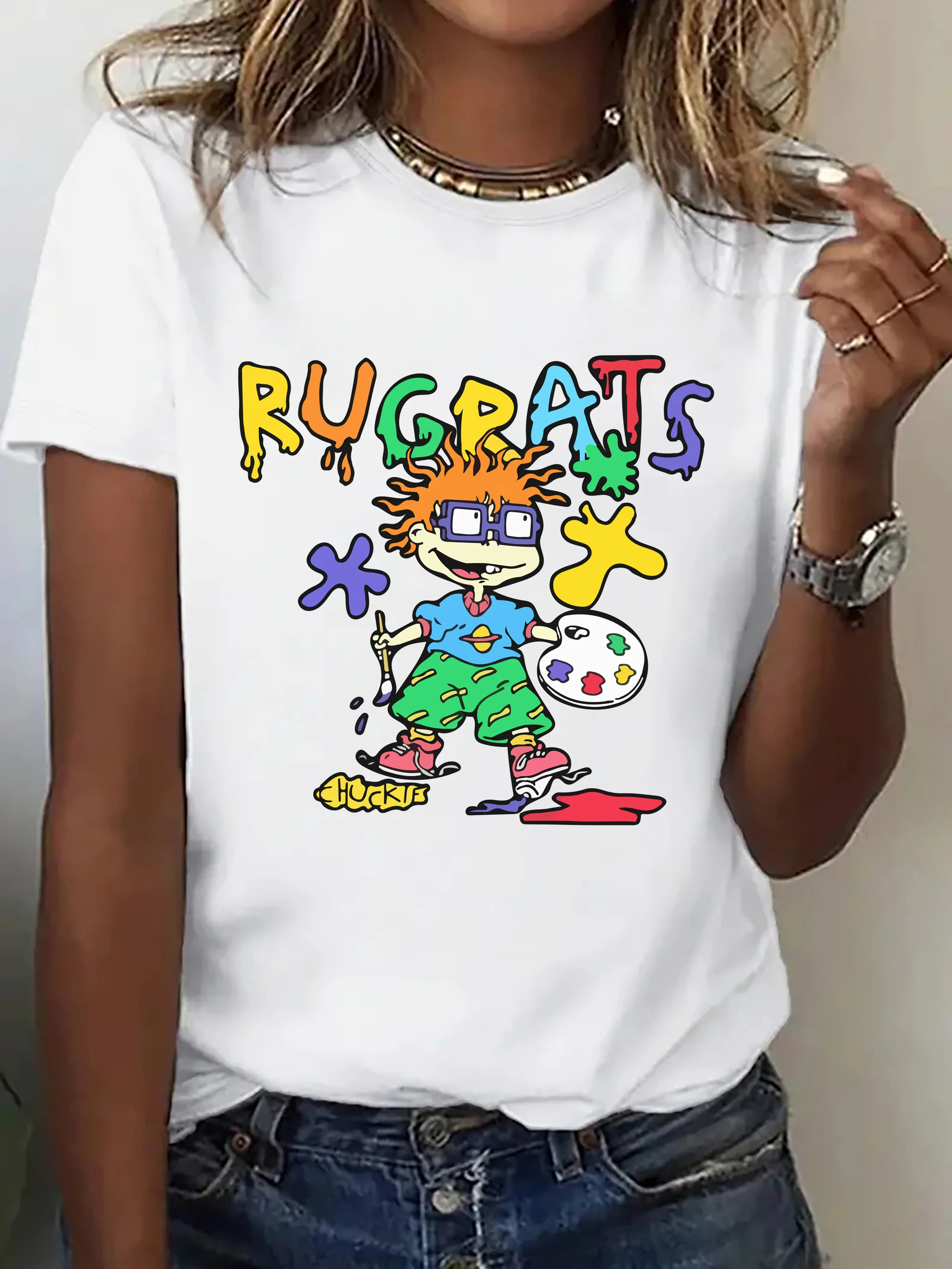 RUGRATS رسائل الكرتون الرجال تي شيرت الصيف معطف اليومي موضة الاتجاه النساء الملابس 100% القطن Y2k ملابس قصيرة الأكمام المحملة