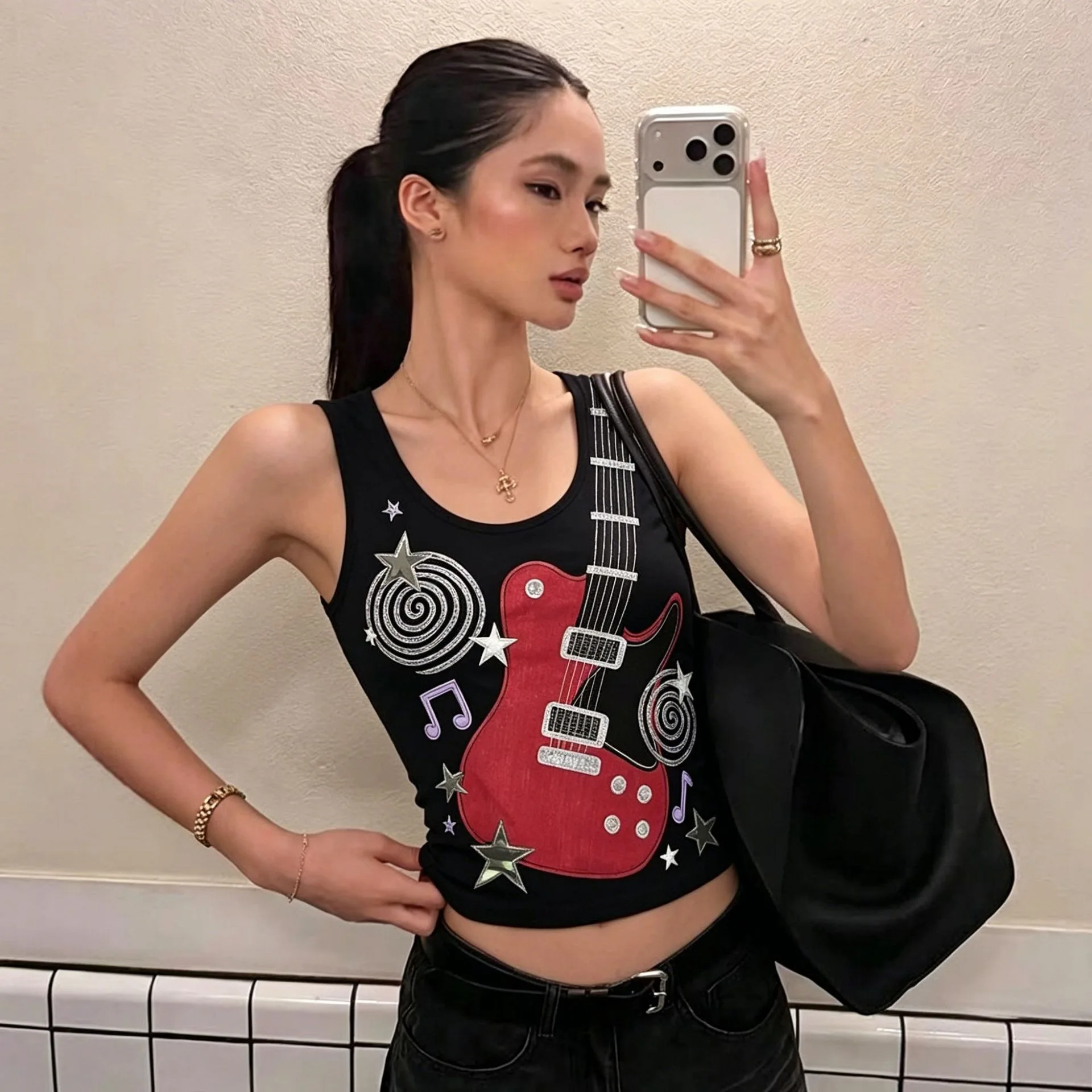Guitar Music Note Print Tank Top U Neck Sleeveless Slim Crop Y2K Rock Punk Casual Vest