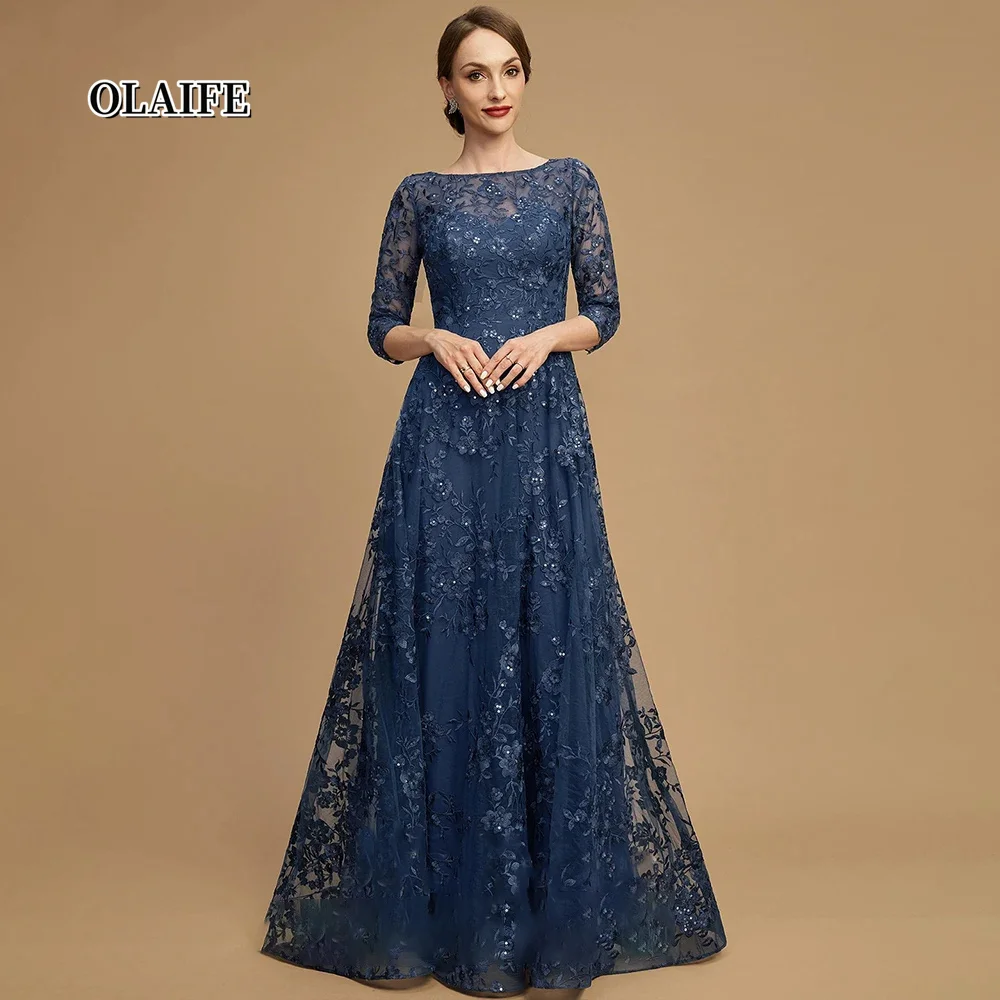 New A-line Scoop Neck Elegant And Pretty Women's Dresses Lace Sequins Mother of the Bride for Wedding Party Dresses Vestido