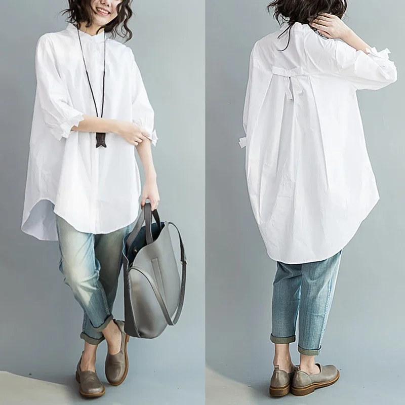 Summer 100% Cotton Women White Shirts Fashion Long-sleeve Large Loose Blouse Bow Fashion Lady Clothing 0.24KG
