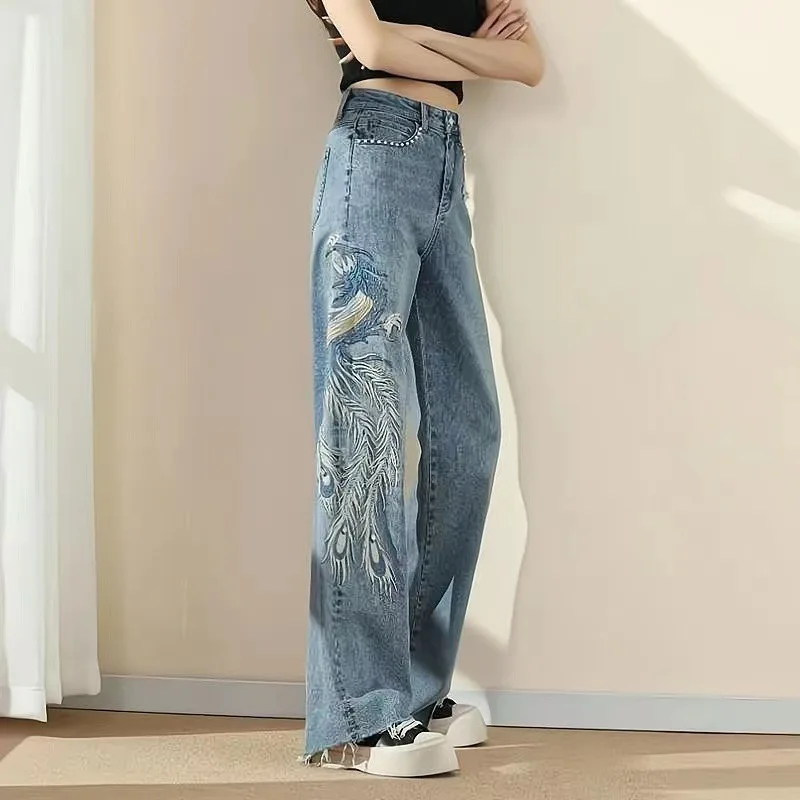 Wide-leg High-waisted Women's Spring Summer Jeans with Phoenix Embroidery Straight-leg Loose Trendy Slimming with A Flared Drape