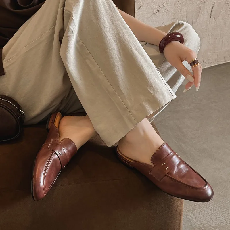 Women's New Washed Cowhide Lazy Outer Wear Bag Head Half Slippers 1.5cm Flat Bottom Slip-on Muller Sandals view 3