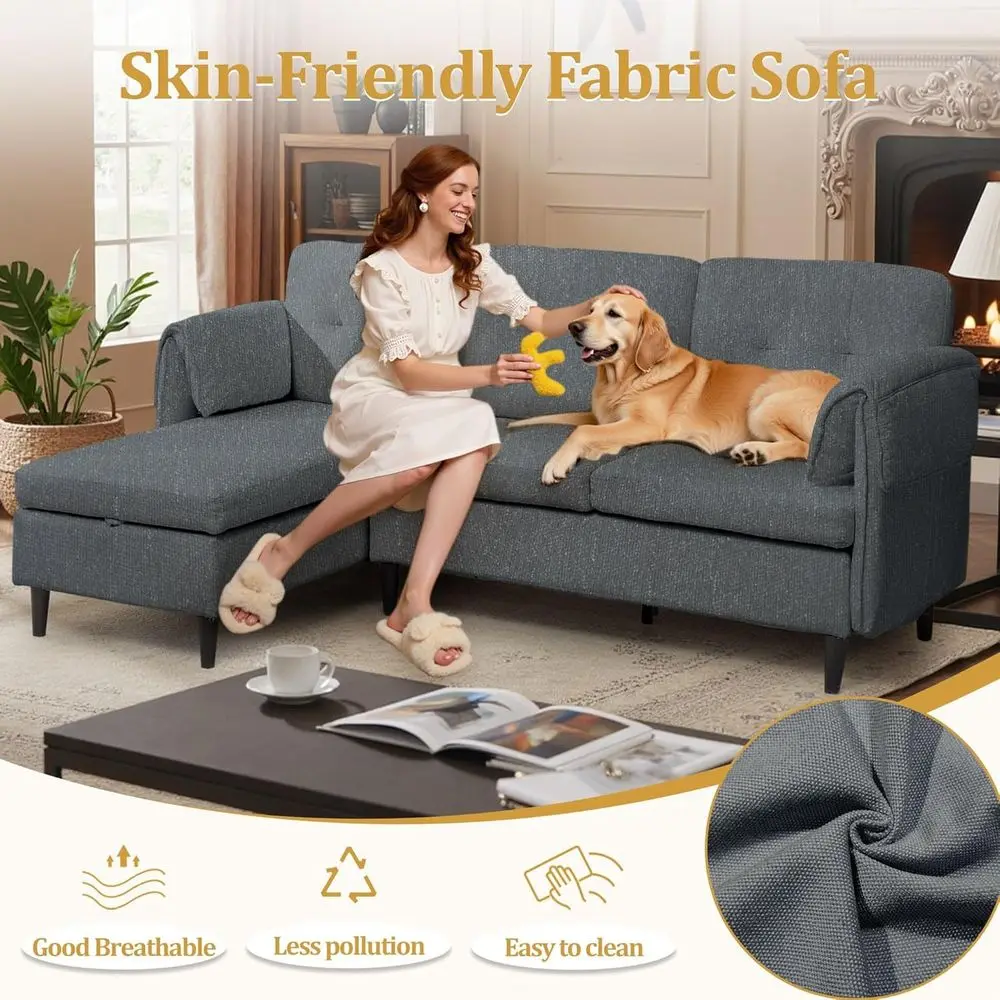 أريكة قابلة للتحويل على شكل حرف L مع مساحة تخزين، 79 أريكة مغطاة بالكتان للمساحات الصغيرة وغرف المعيشة #5