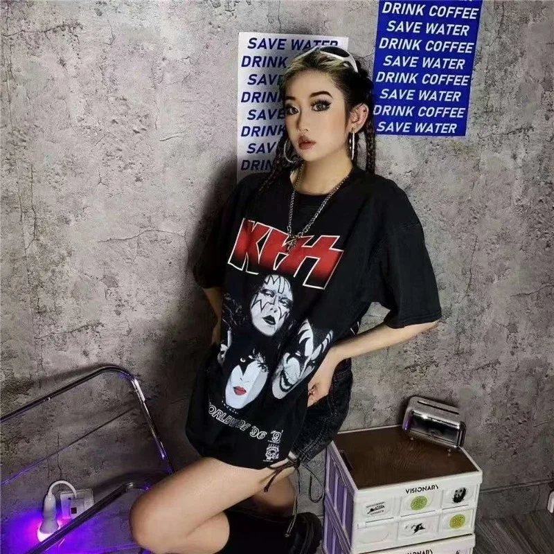 

Черная футболка в стиле панк в стиле хип-хоп, хлопковая свободная футболка с круглым вырезом и субкультурным принтом, женские повседневные топы в стиле ретро в уличном стиле Ins