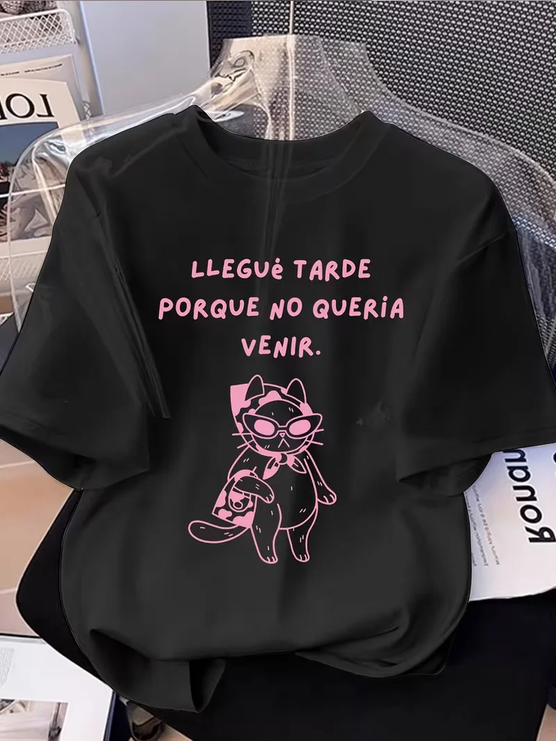 Cool Cat Y2K Spanish Slogan Graphic Tee Llegue Tarde Porque No Queria Venir Print Crew Neck Short Sleeve Daily Fashion T Shirt