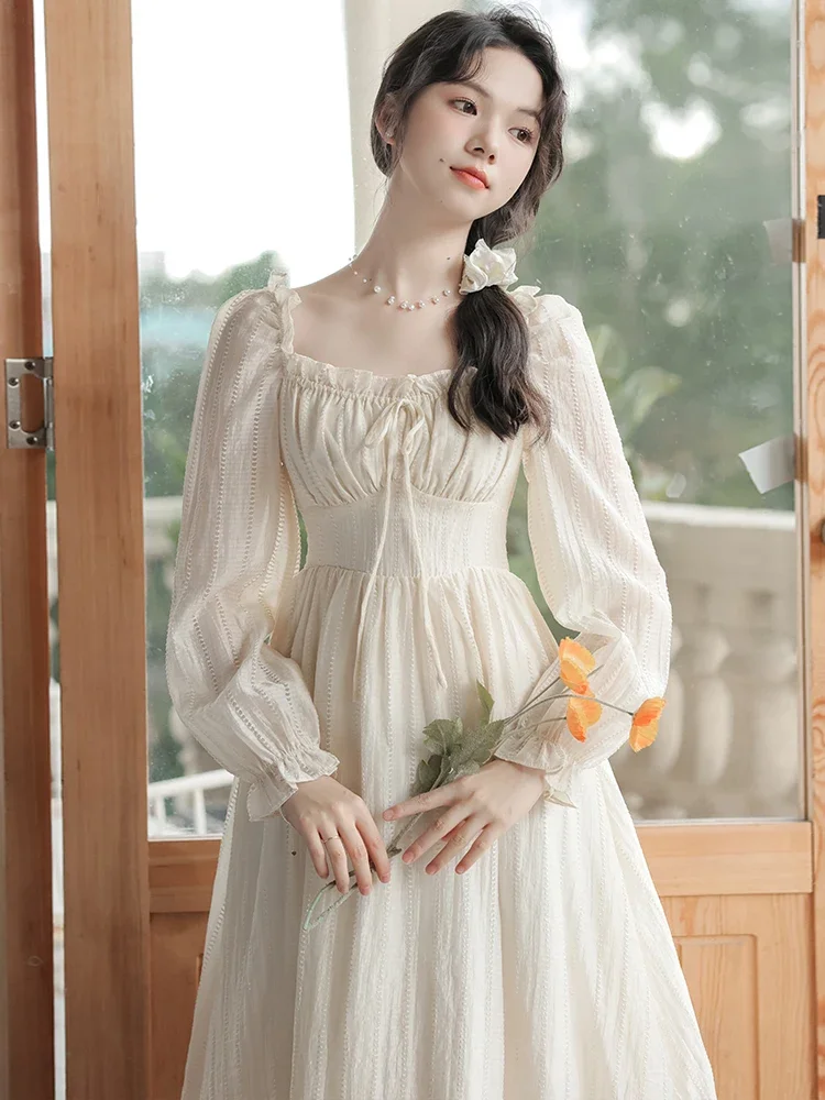 

French Gentle Square Neck Dresses for Women Vintage Autumn Apricot Flare Sleeve Chic Vestido Elegant Korean Sweet Princess Dress