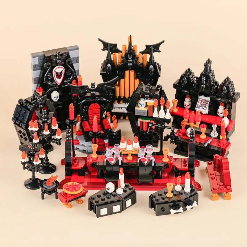 MOC Medieval Castle Witch Hut Building Blocks Halloween Vampire Throne Skeleton Candle Furniture Soldier Figures Bricks Toy Gift