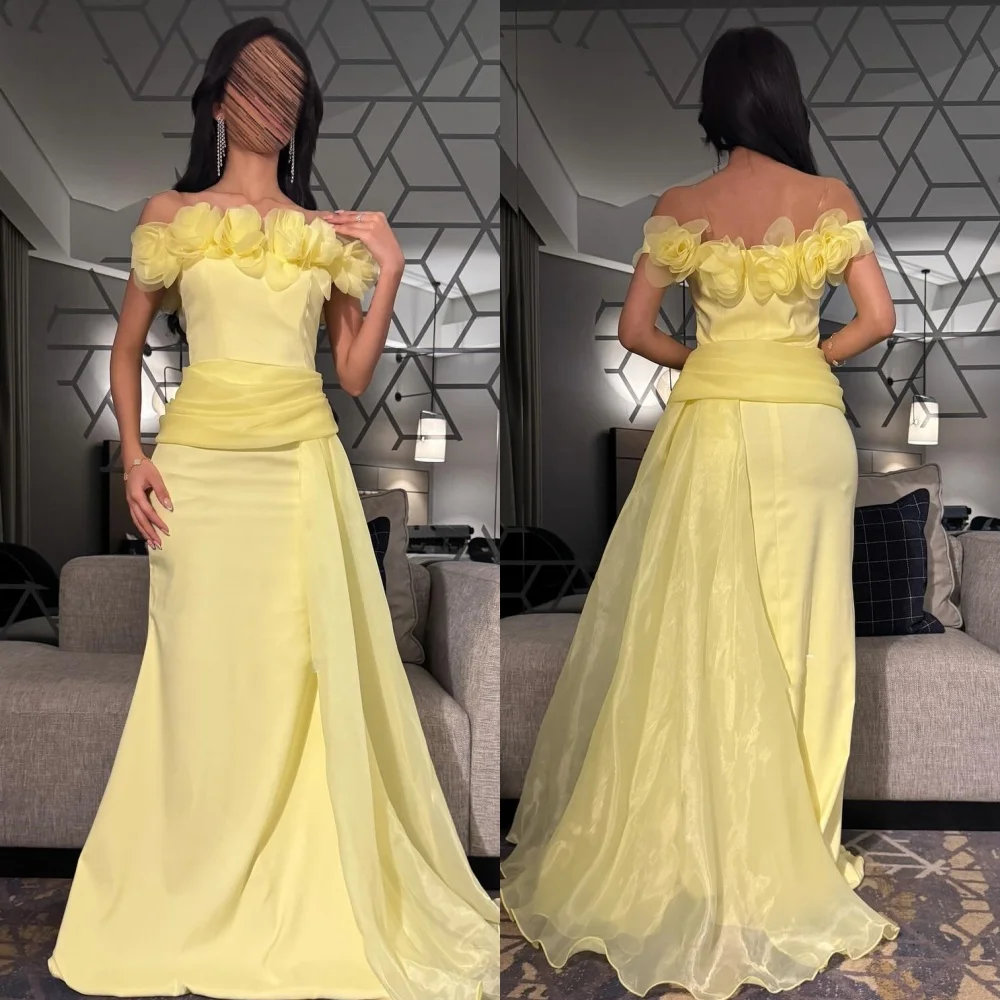 

Customized Modern Style Matching Jersey Handmade Flower A-line Off-the-shoulder Long Dresses Bespoke Occasion Dresses Fashion
