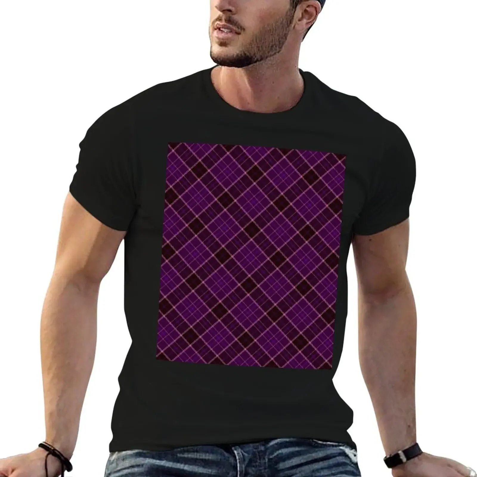 Purple Tones and Pink Tartan Pattern T-Shirt summer tops street wear sweat mens t shirts