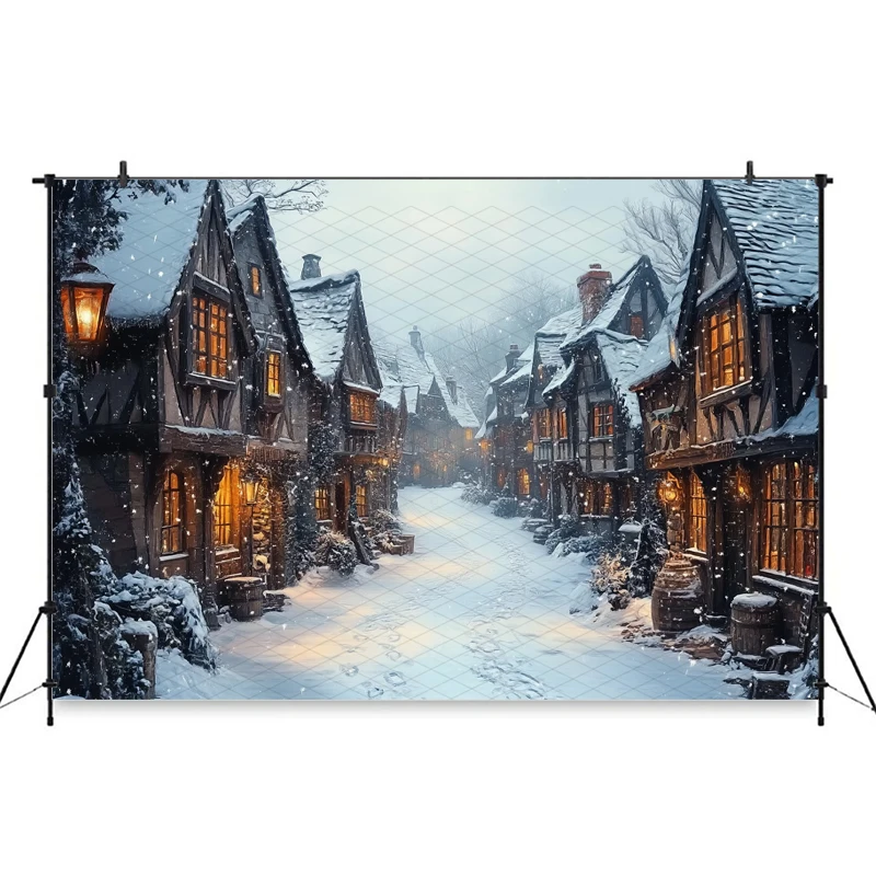 Mocsicka Snowy Town Photography Backdrop Halloween Cottage Rural Snow Street Christmas Winter Newborn Studio Decors Backgrounds