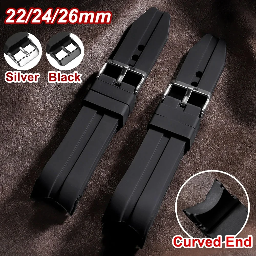 Bracelets en caoutchouc 22/24/26mm, extrémités courbées, bracelet de montre en Silicone pour Seiko, Bracelet étanche pour plongée, Bracelet souple pour hommes, ceinture universelle
