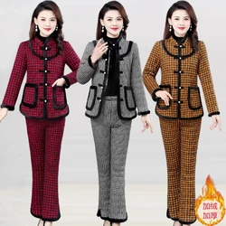 Plaid Cotton Jacket Suit Women's Plush Thick Cotton trousers Two-Piece Cotton Jacket Suit For Mothers Elastic Waist Pant Sets