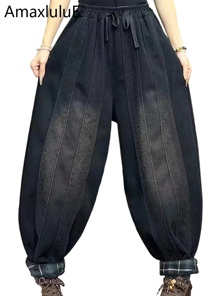

Amax LuluE Winter Fashion Vintage Jeans Womens Loose Warm Fur Denim Pants Ladies Classic Classic Leisure Thicken Harem Trousers