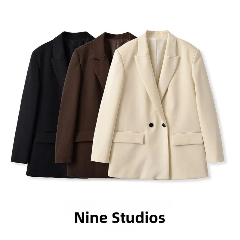 NINE ZAR Women's Pure Color Casual Long Sleeve Double-Breasted Loose Fit Double Button Suit Jacket Elegant Versatile Outerwear