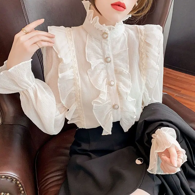 Women French Style Vintage Ruffles Lace Design Button Up Shirt Elegant Chic Solid Blouse Long Sleeve Slim Tops Blusas Mujer 2024