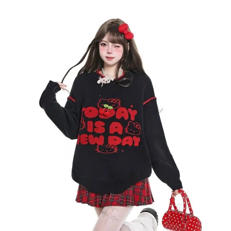 

Cute and Fun Kitty Cat Round Neck Sweater Women's Autumn Casual Versatile Knitted Sweater Sanrio Hello Kawaii Anime Fashion Sets