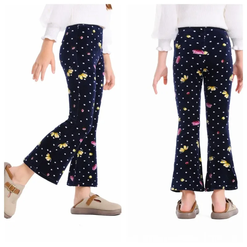 

Новинка 2025 года, зимние детские расклешенные детские штаны с принтом для девочек, детские утепленные брюки с бархатным принтом Silver Fox