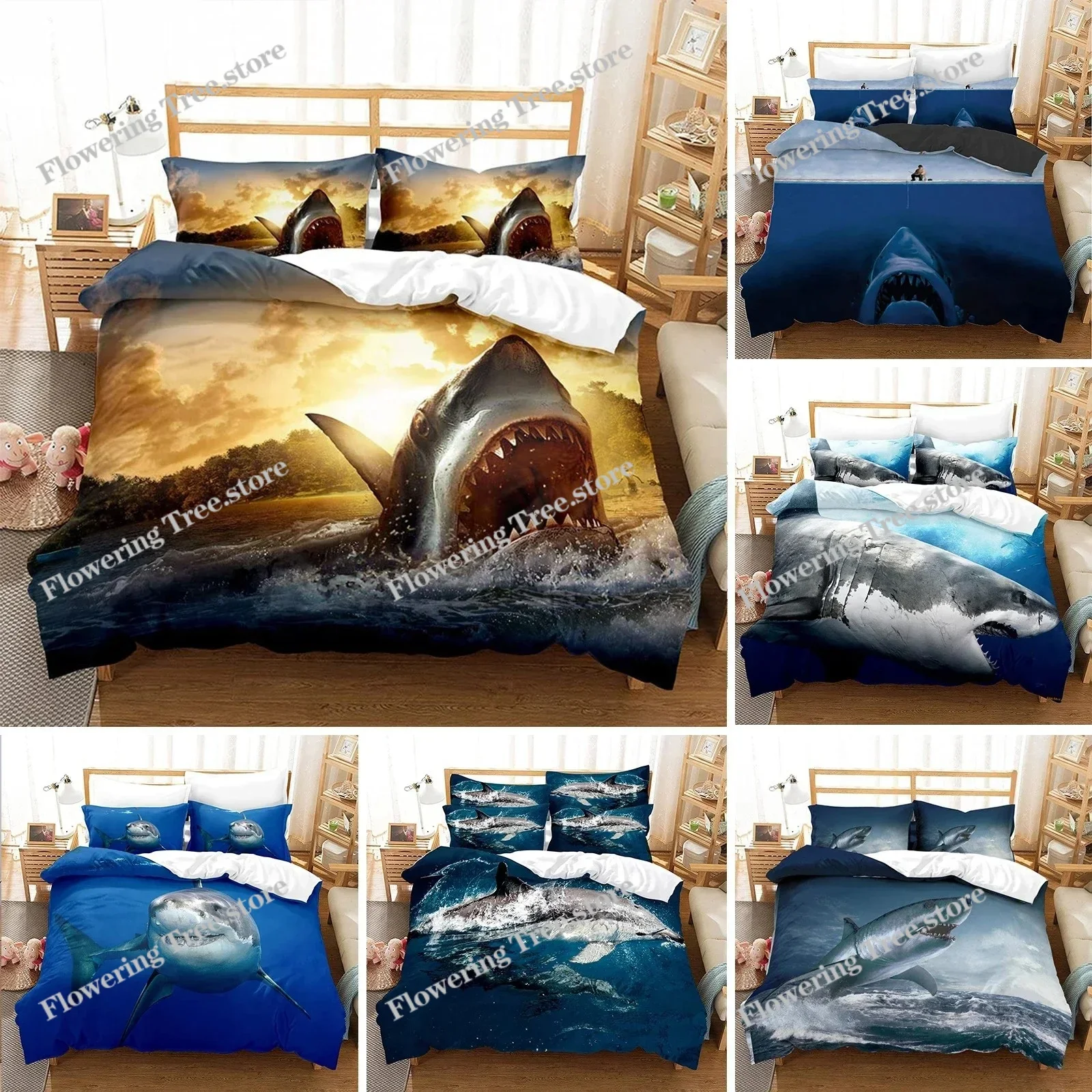 Shark Duvet Cover Set 3D Shark Jumping From Ocean Big Open Mouth Print Twin Bedding Set Double Queen King Polyester Quilt Cover