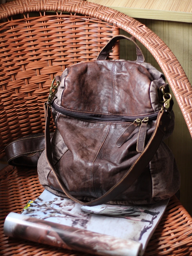 Vintage designer handmade genuine leather denim women's backpack casual outdoor travel first layer cowhide female bagpack