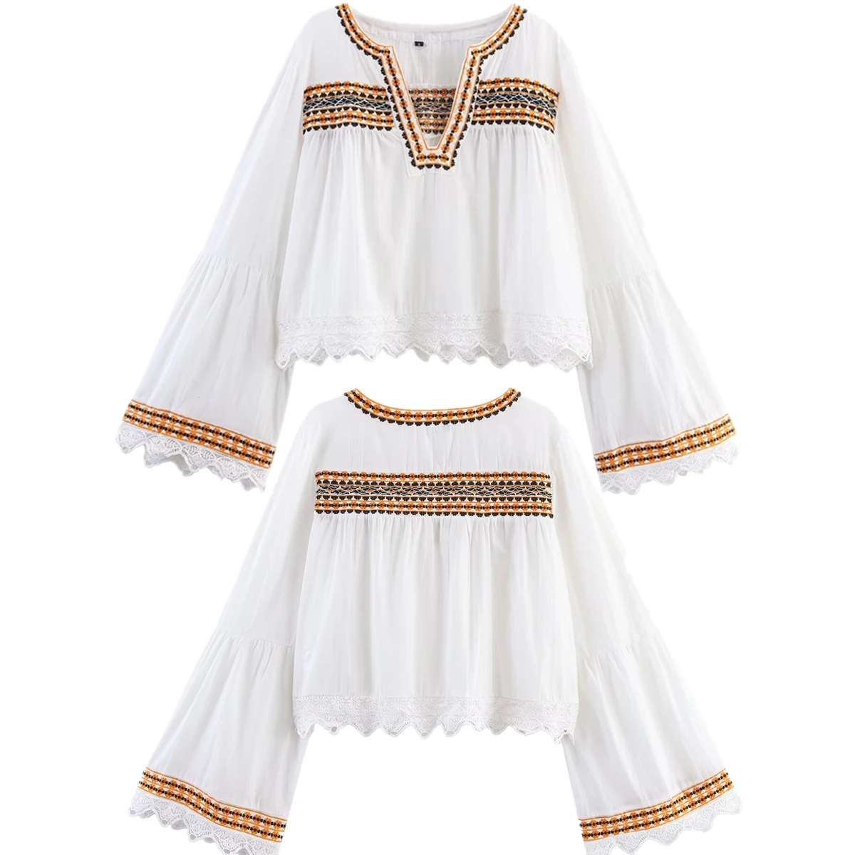 

Withered French Lazy Moroccan Bohemian Embroidered Blouse Cotton Shirt Lace Stitching Casual Long-sleeved Shirt Women Top