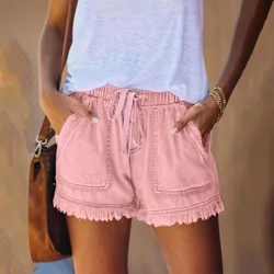 Summer Women's Wholesale Price Loose Straight Leg Denim Shorts Ruffled Large Pockets Casual Commuting Daily Foe Women