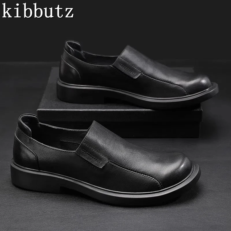 

Black Round Toe Genuine Leather Business Men's Shoes Designer British Style Soft Bottom Slip On Casual Formal Wear Shoes