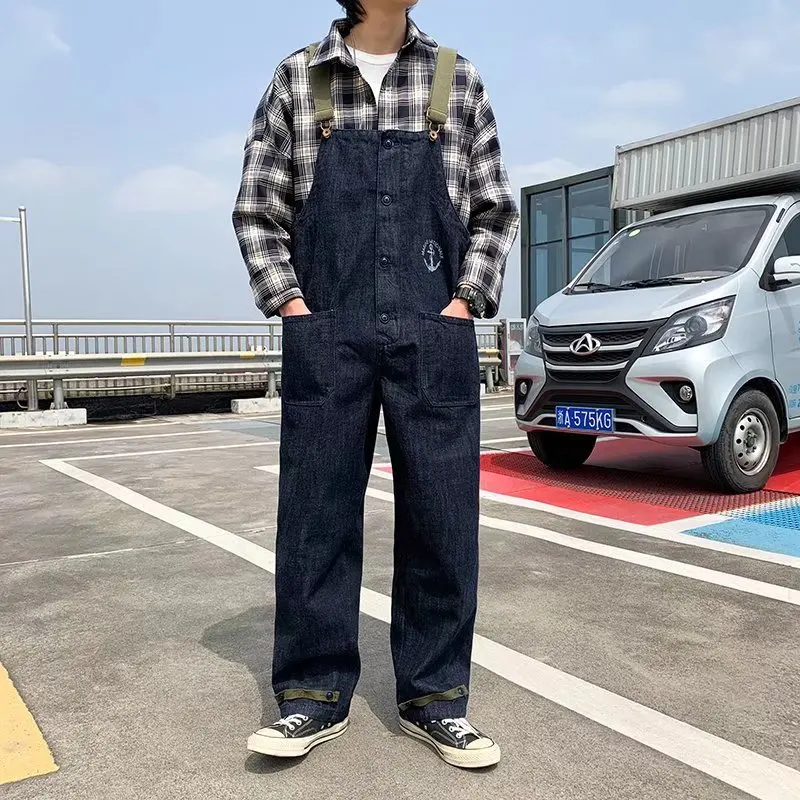 

Fashion Men Bib Jeans Pants Solid Color Jumpsuit Streetwear 2022 Jogger Pants Multi Pocket Casual Suspender Cargo Pants Men