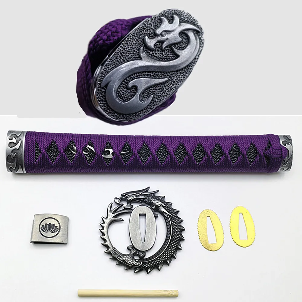 27cm Purple Cord Handle Tsuka Dragon Tsuba For Japanese Sword Wakizashi Fittings