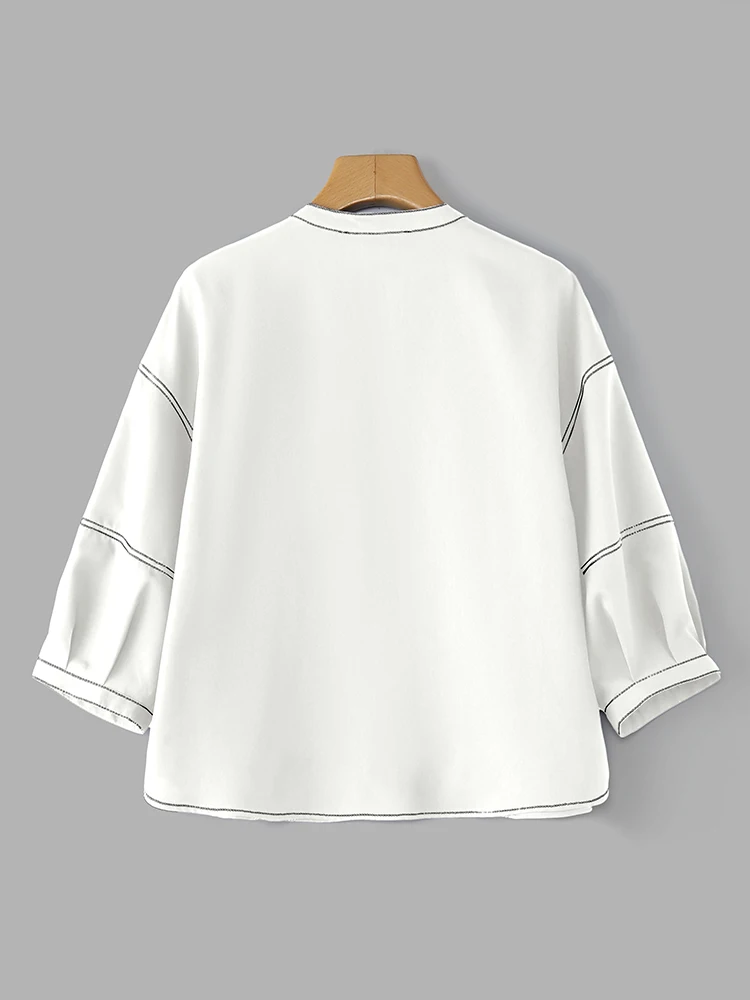 ZANZEA قمصان نسائية بلوزة مرقعة غير رسمية موضة 2025 3/4 كم سترة فضفاضة أزرار جيب للخريف بلوزات كورية للشارع