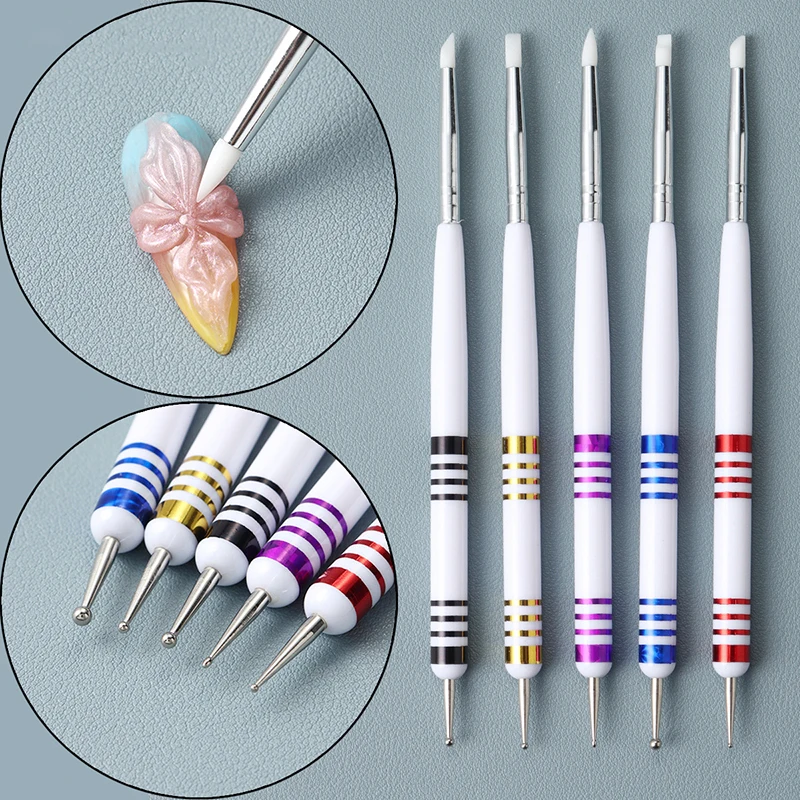 Z. 5Pcs/Set 2-Way Silicone Nail Art Pen Carving Emboss Hollow Gel Shaping Nail Brush DIY Dotting Pen Nail Drawing Painting Tool