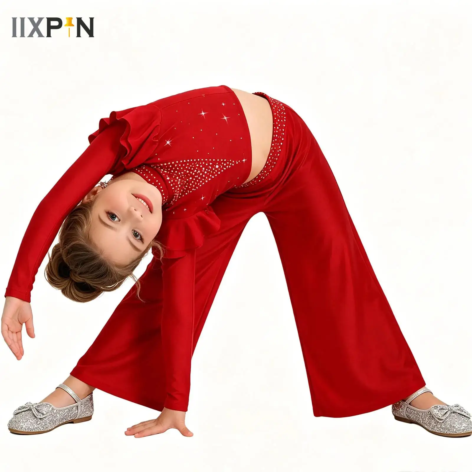 

Kids Girls Sparkling Rhinestones Ballet Dance Set Ruffle Long Sleeves Hip Hop Jazz Dance Crop Top with Flared Pants Outfits