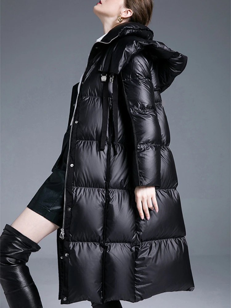 Winter New 90 White Duck Down Down Jacket Thickened Loose Warm Jacket Hooded Long Section Parka Fashion Glossy Slim Women\'s Coat