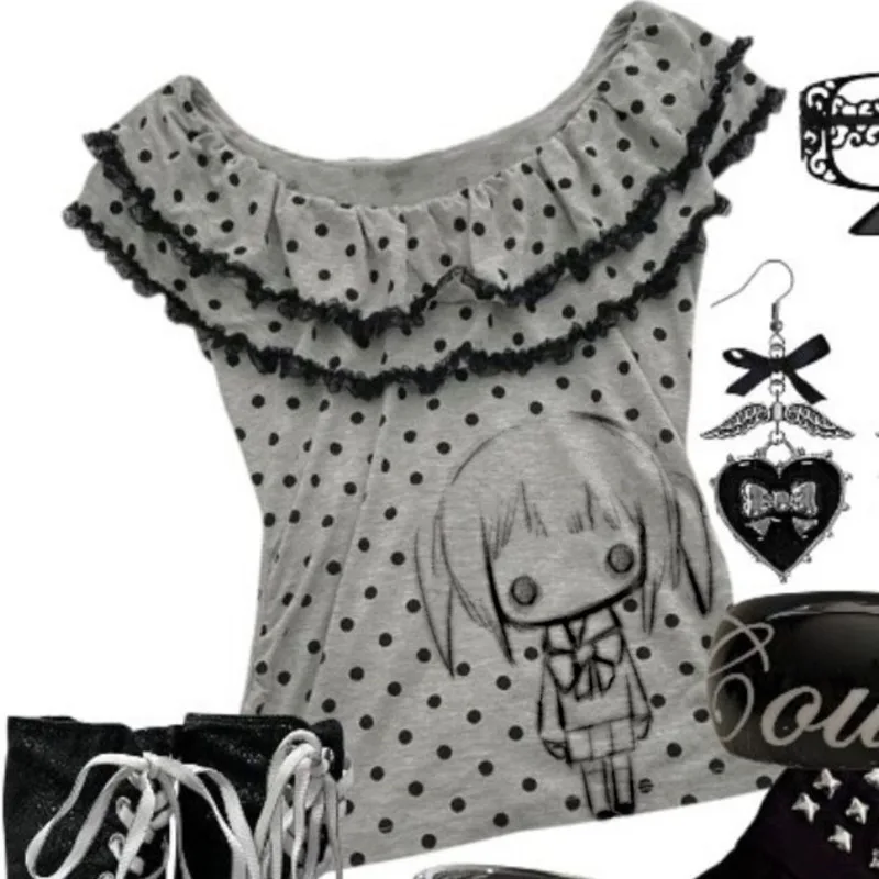 

Dotted Lace Tops&Tees Y2K Japan Anime Girl Print Short Sleeve Wood Ear Edge Off Shoulder Off Shoulder Top Cotton T-shirt Top Tee