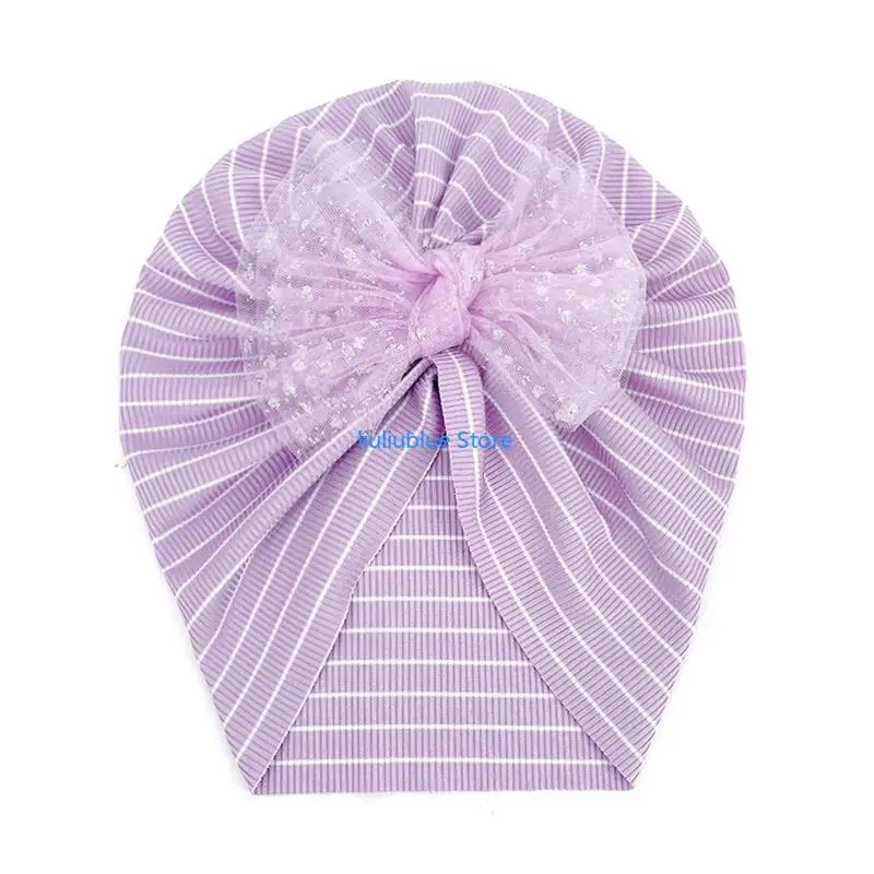 

Infant Baby Striped Turban Hat with Mesh Sequins Bowknot Ribbed Knit Princess Muslim Bonnet Beanie Cap Headwrap 62CF