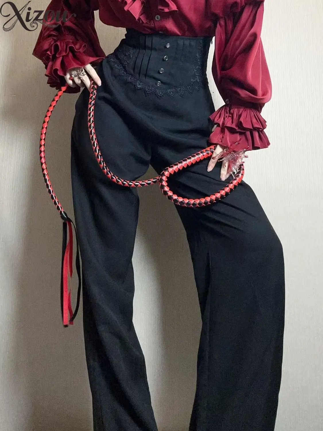 Gothic Lolita Women Fish Scale Pattern Waist Flap Dark Punk Y2K High Waist Black Summer Short Long Pants Slim Fit Figure Prince