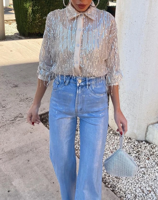 2024 Autumn Winter Spring New Fashion Casual Elegant Blouses Shirt Contrast Sequin Tassel Design Top Female Clothing Outfits