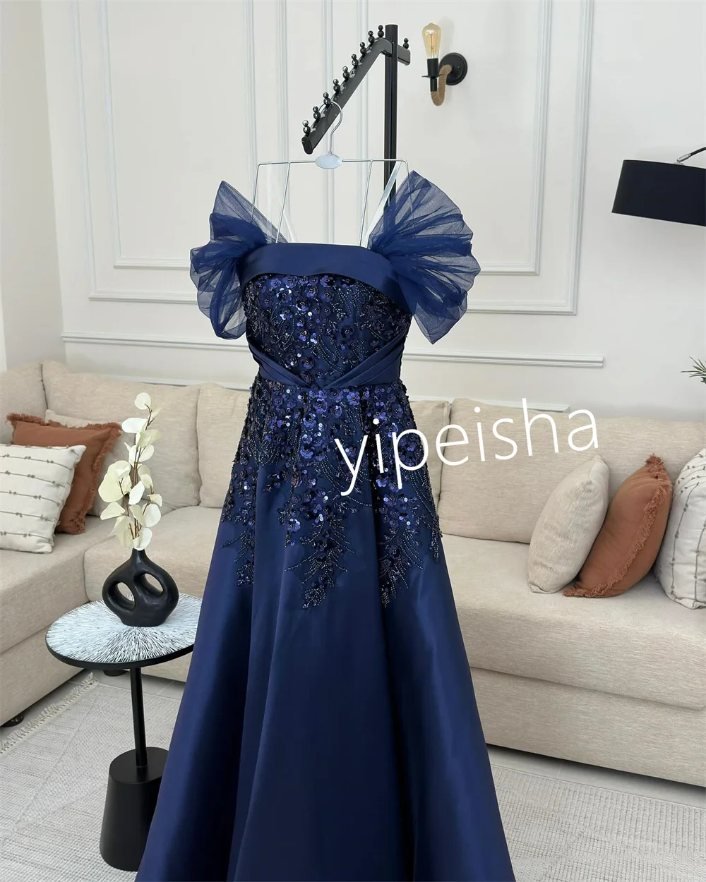 Customized Fashion Jersey Pleat Beading Sequined A-line Off-the-shoulder Midi Dresses Prom  High Quality Chinese Style Elegant