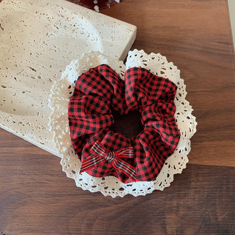 Retro czerwona seria krata Bowknot pluszowe gumki do włosów kobiety delikatne gumki do włosów guma uchwyt na kucyk gumka akcesoria do włosów — zdjęcie 4