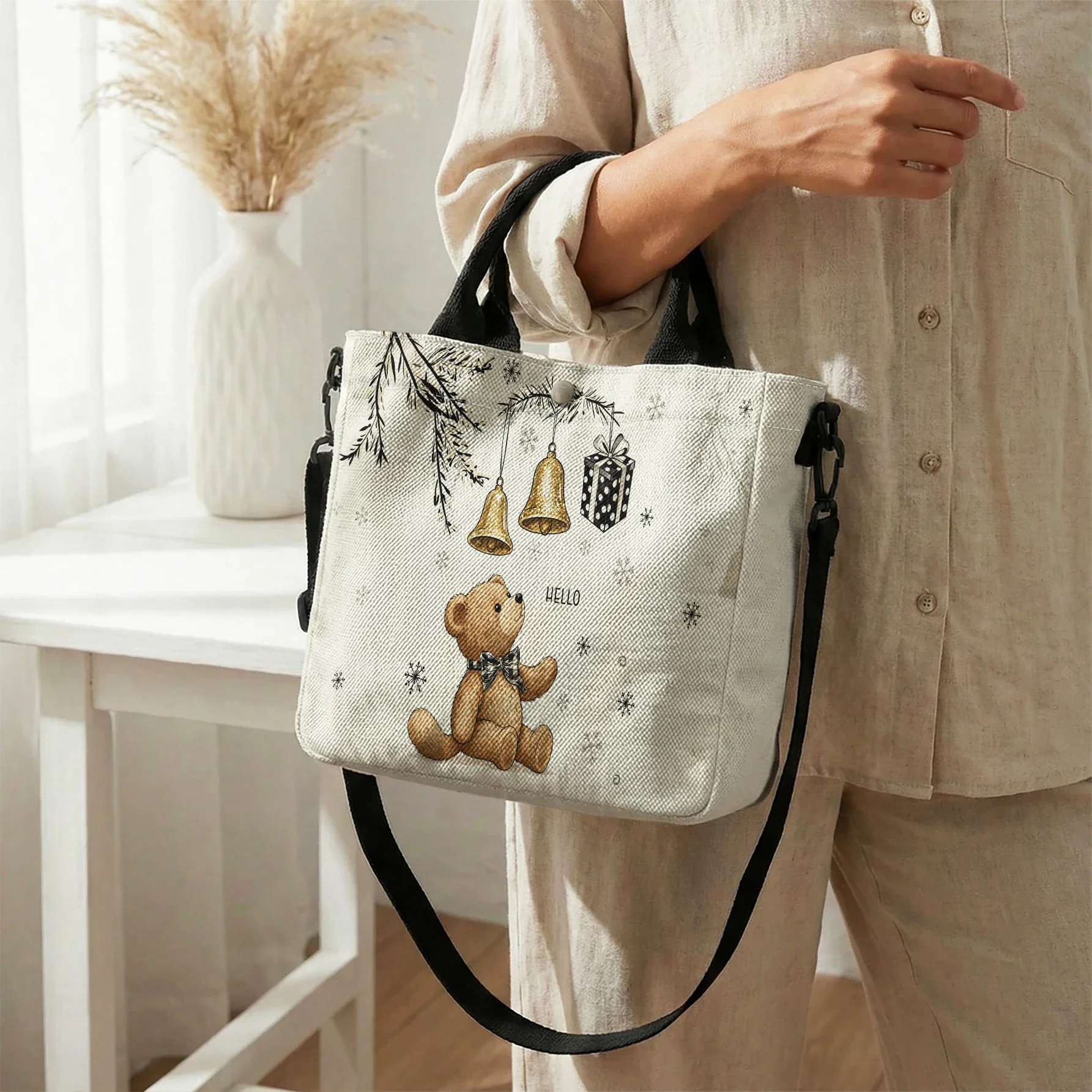 Hello Teddy Bear Christmas Bell Print Tote Bag, Detachable Strap Crossbody Handbag For Daily Work Shopping