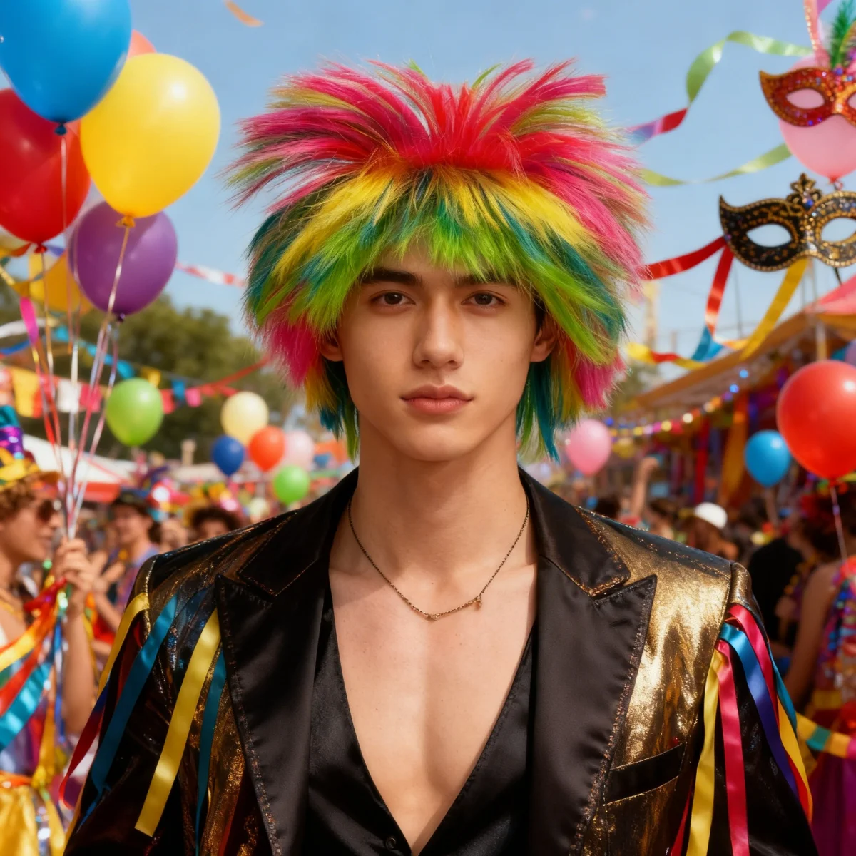 

Карнавальный синтетический парик Rainbow Frizzy Limited Edition, ослепительный разноцветный лоскутный стиль, пушистый и преувеличенный, привлекательный