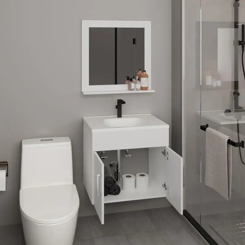 خزانة مرآة حمام بيضاء مثبتة على الحائط مع رفين للتخزين #5