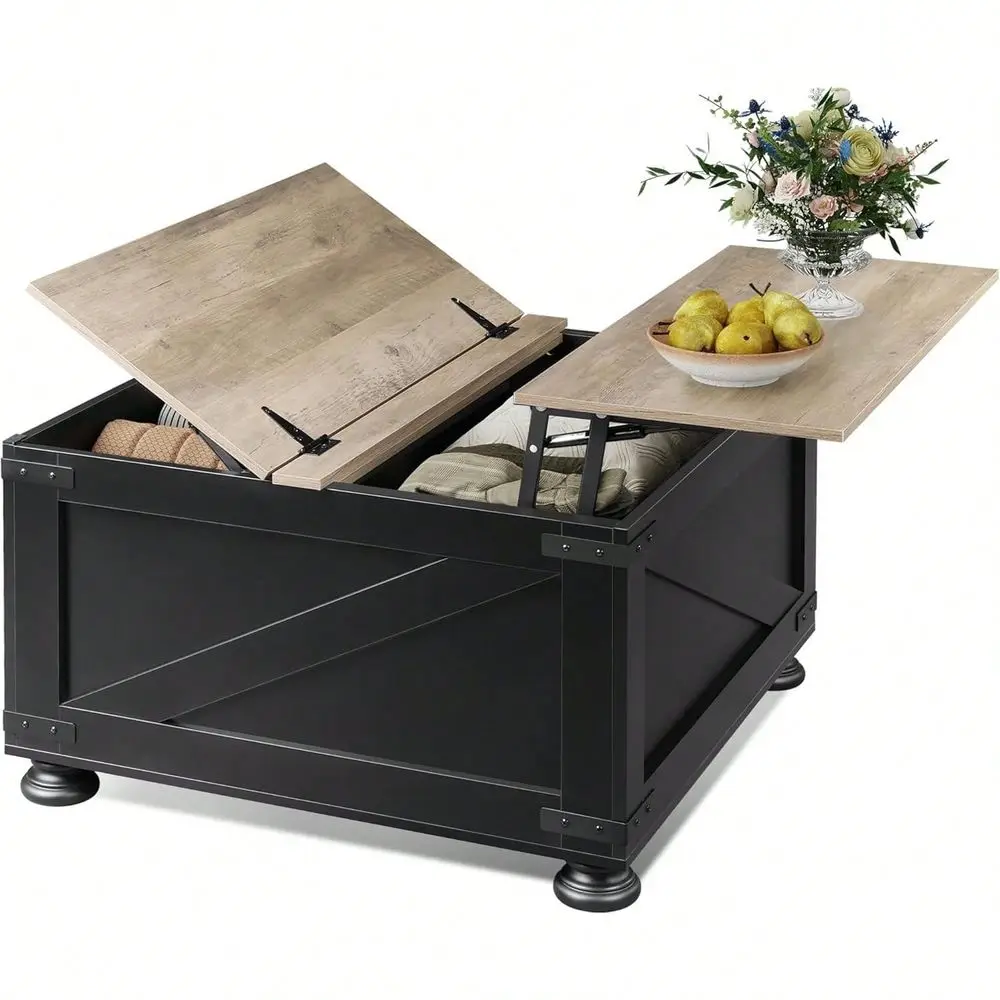 Farmhouse Lift Top Coffee Table With Storage, 31.5 Square Center Table, FlipTop Hidden Compartment, WoodGrain Coffee Table For