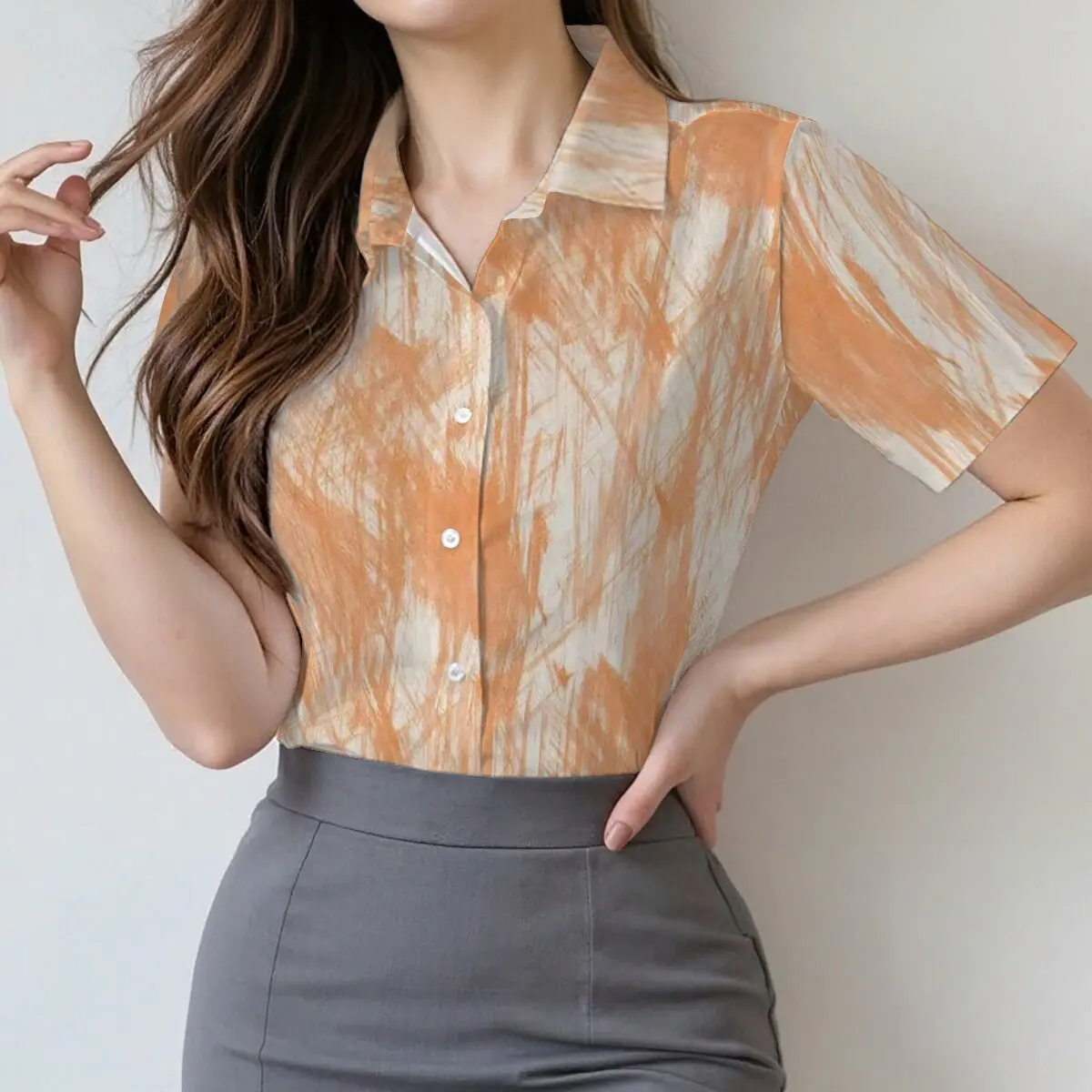 

Minimalist and personalized ink dyed printed women's short sleeved lapel shirt, summer fashion, daily versatile casual top