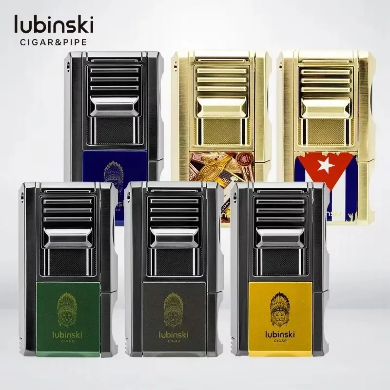 

LUBINSKI 3-in-1 Turbo Jet Cigar Lighter Guillotine Cutter Windproof Butane Metal Gas Torch Men's Executive Outdoor Luxury Gift