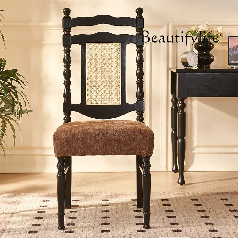 hh French light luxury soft bag dining chair home simple restaurant solid wood back chair retro rattan rattan chair