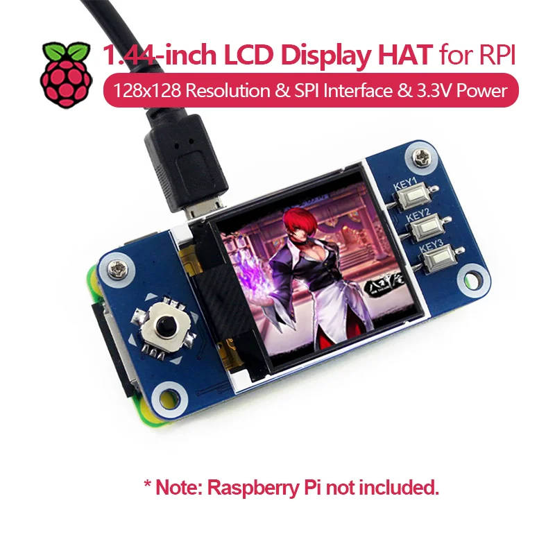 Raspberry Pi 1.44-inch LCD Display HAT, 128x128 resolution, built-in controller, SPI interface, 3.3V power.