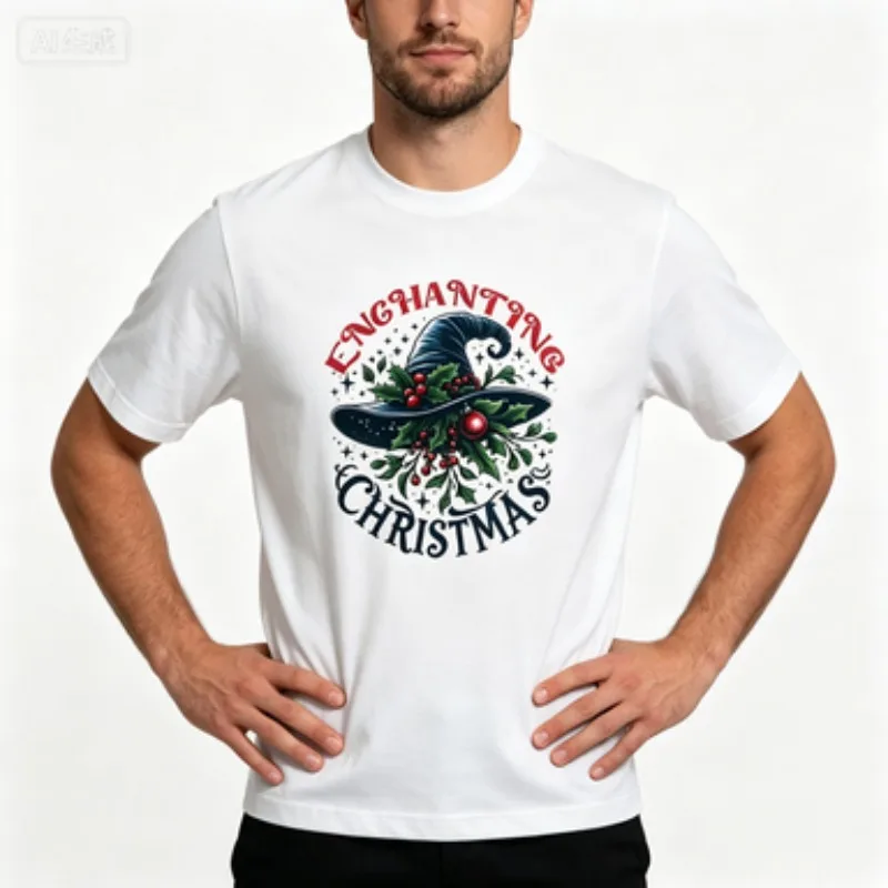 Men T‑shirt, Enchanting Christmas Witch Hat Berry Graphic Print Short Sleeve Tee, Casual Holiday Streetwear Tops For Male