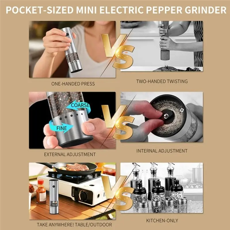 ABAE-Mini Electric Salt And Pepper Grinder, USB Rechargeable Stainless Steel Mill, One-Button Automatic Travel Grinder