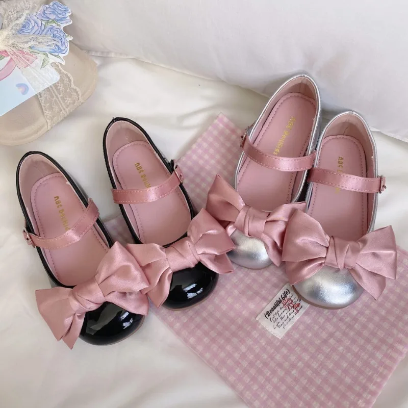 New Style Children\'s Flats Baby Girls Bow-knot Dresses Shoes Princess Girl Wedding and Party Shoes Kid Cute Leather Single Shoes